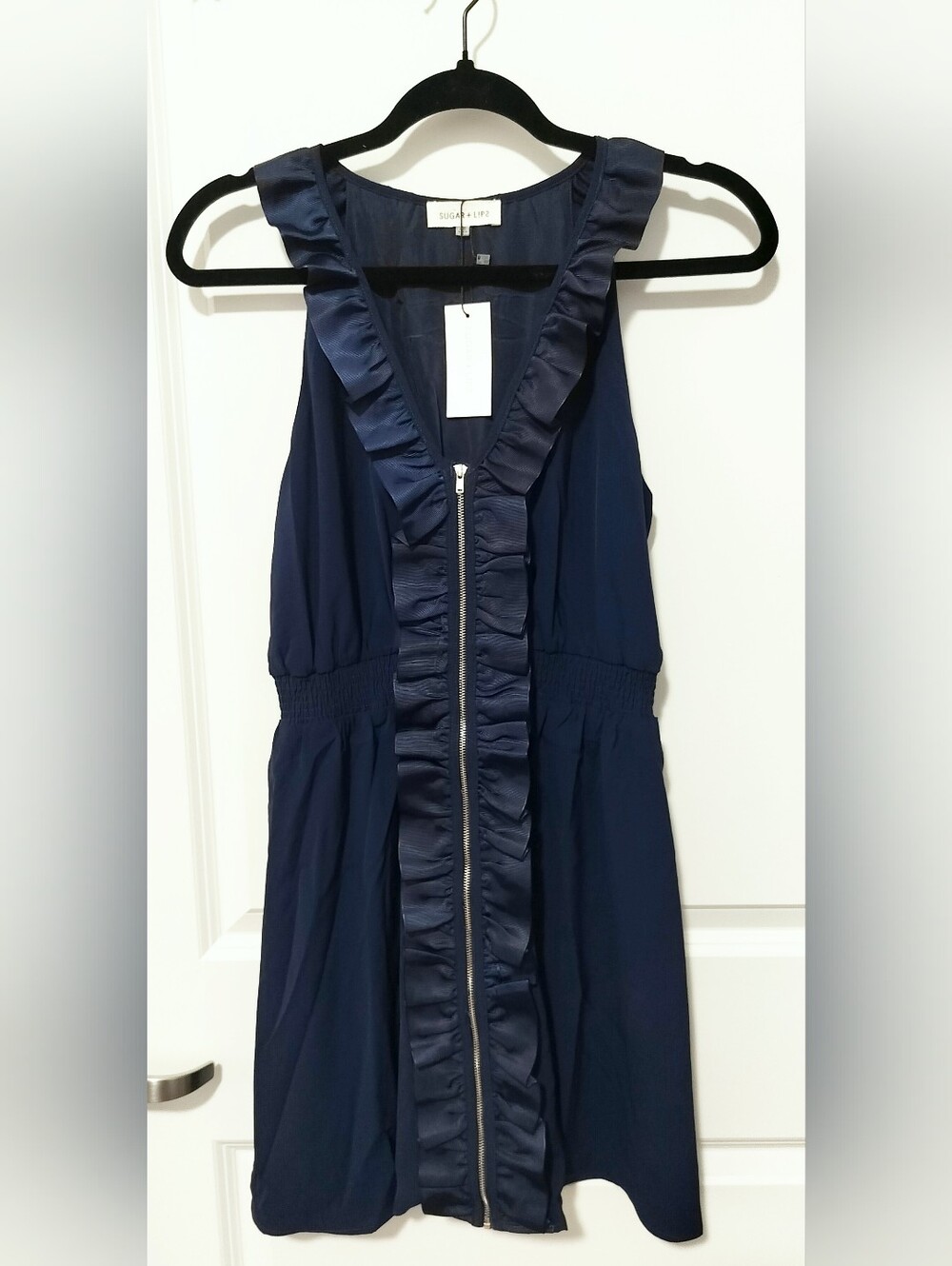 Sugarlips NWT Women's XS Navy Ruffle Zip-Front Smocked Mini Dress